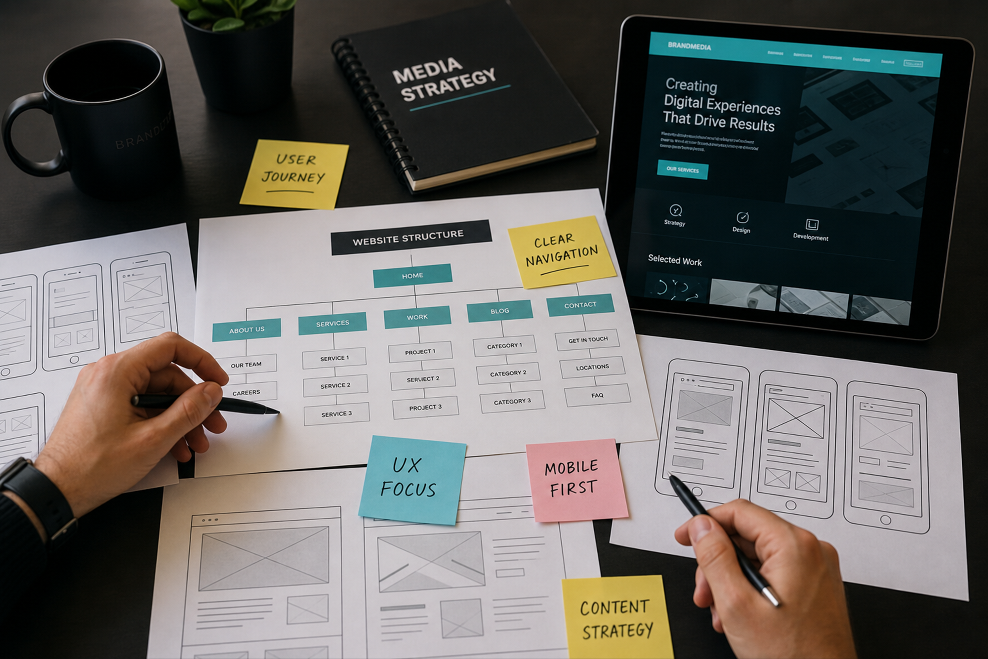 Website-Planung der Medienagentur mit Wireframes und Responsive-Vorschau