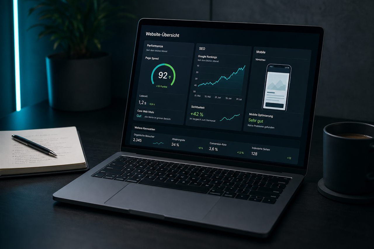 Laptop mit Website-Analytics: Page Speed, SEO und Rankings im Überblick